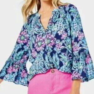 Lilly Pulitzer XL DAKOTA Top Amalfi High Tide Navy Pineapple Paradise